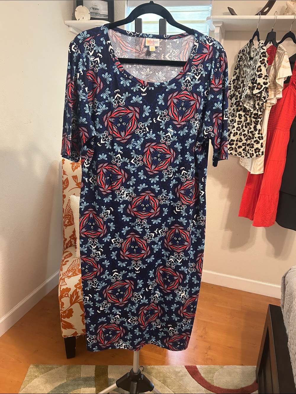 LuLaRoe Julia Navy Midi Dress with Red and Light Blue Medallions